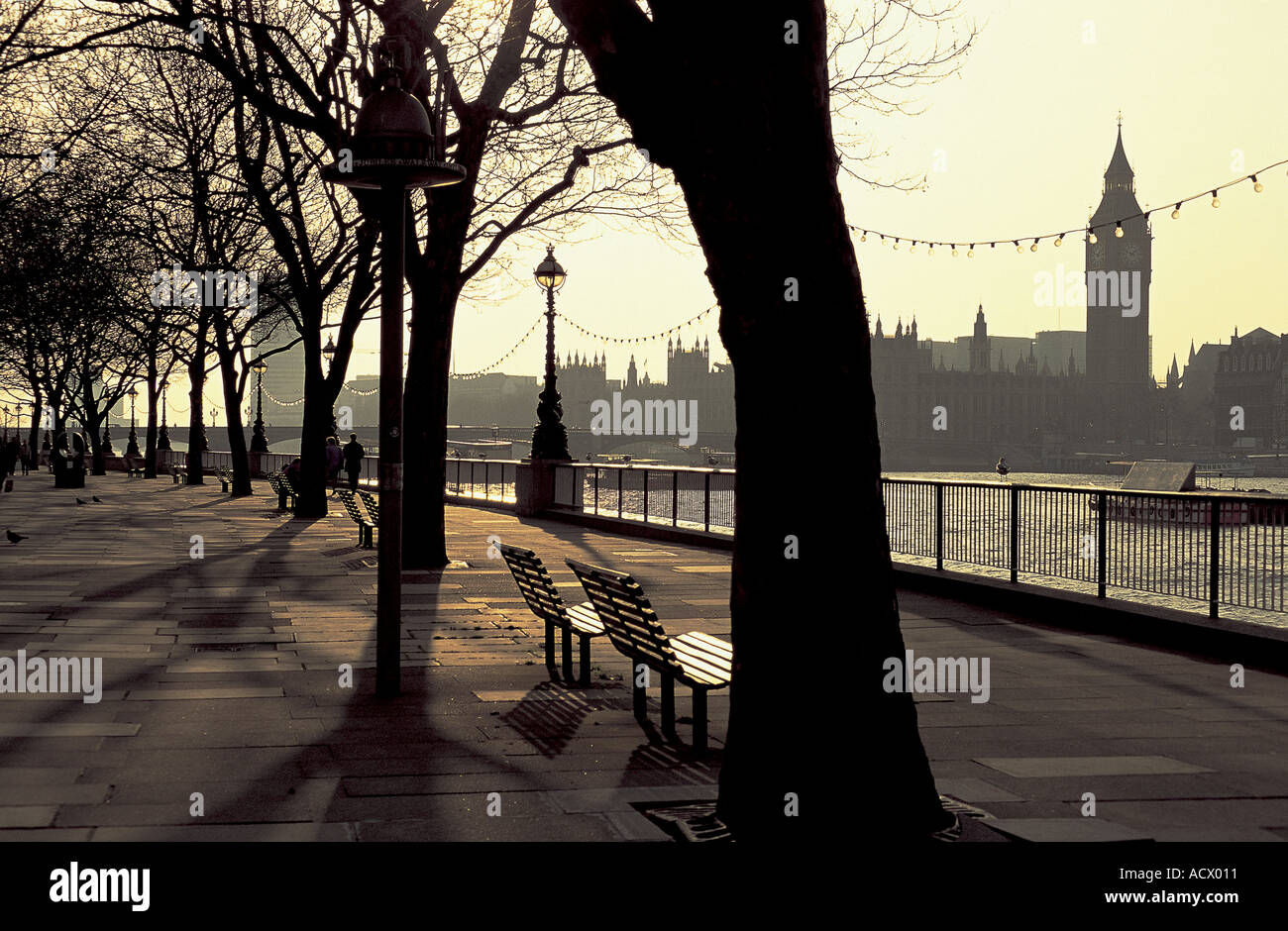 Blick auf Big Ben und die Houses of Parlament über die Themse von der Böschung Stockfoto