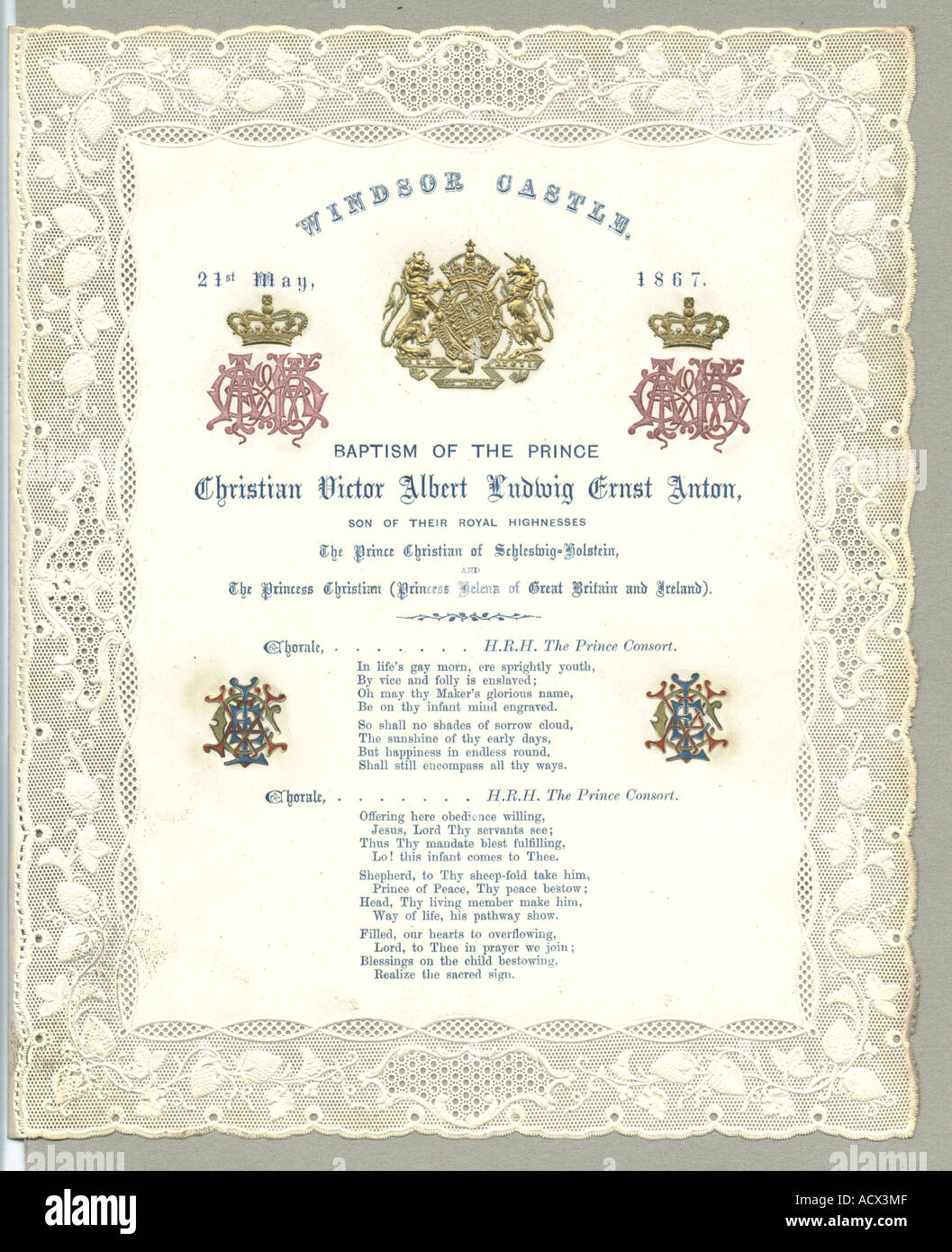 Windsor Castle-Programm für die Taufe von Prinz Christian Victor 1867 Stockfoto