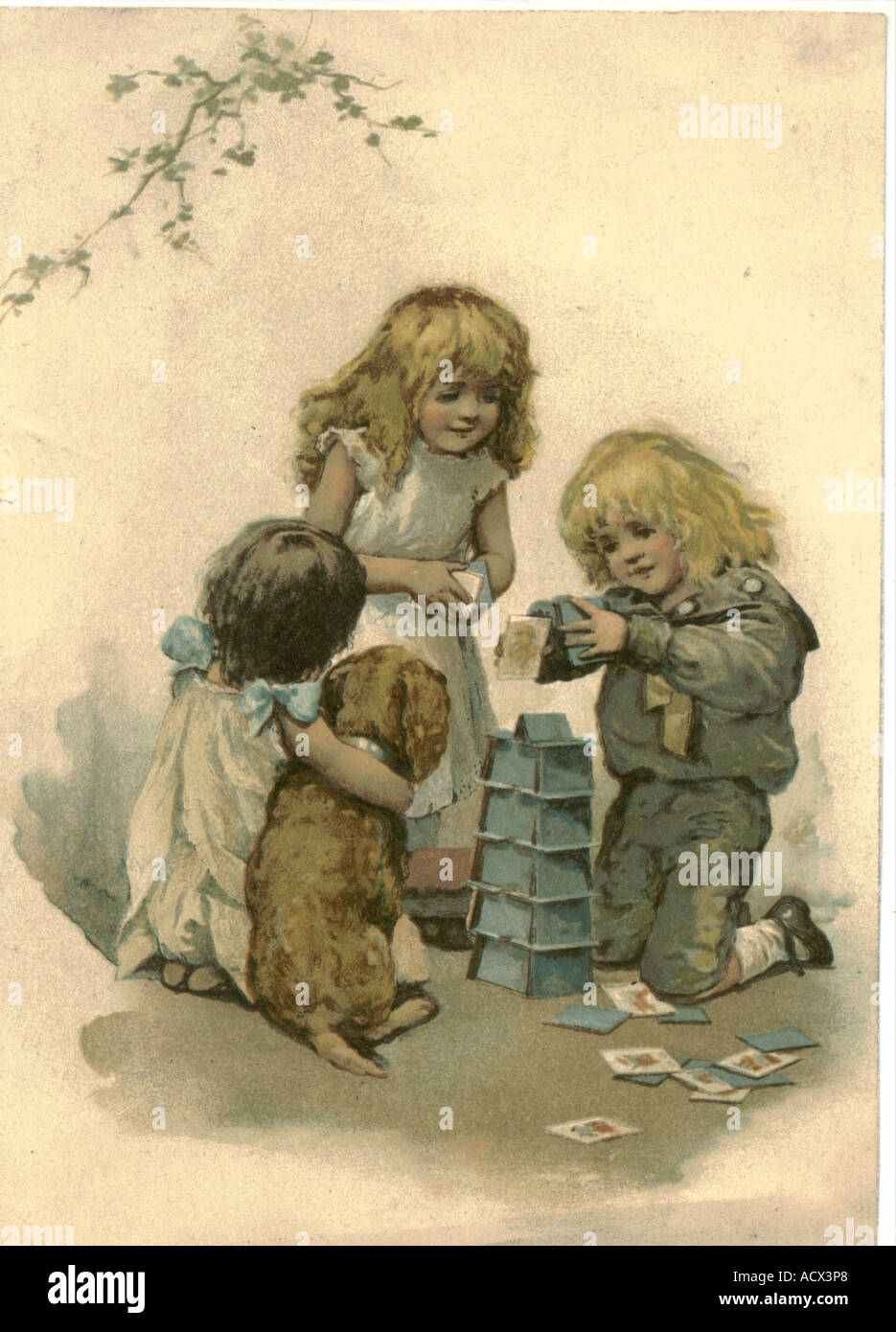 Kinder bauen Kartenhaus um 1880 Stockfoto