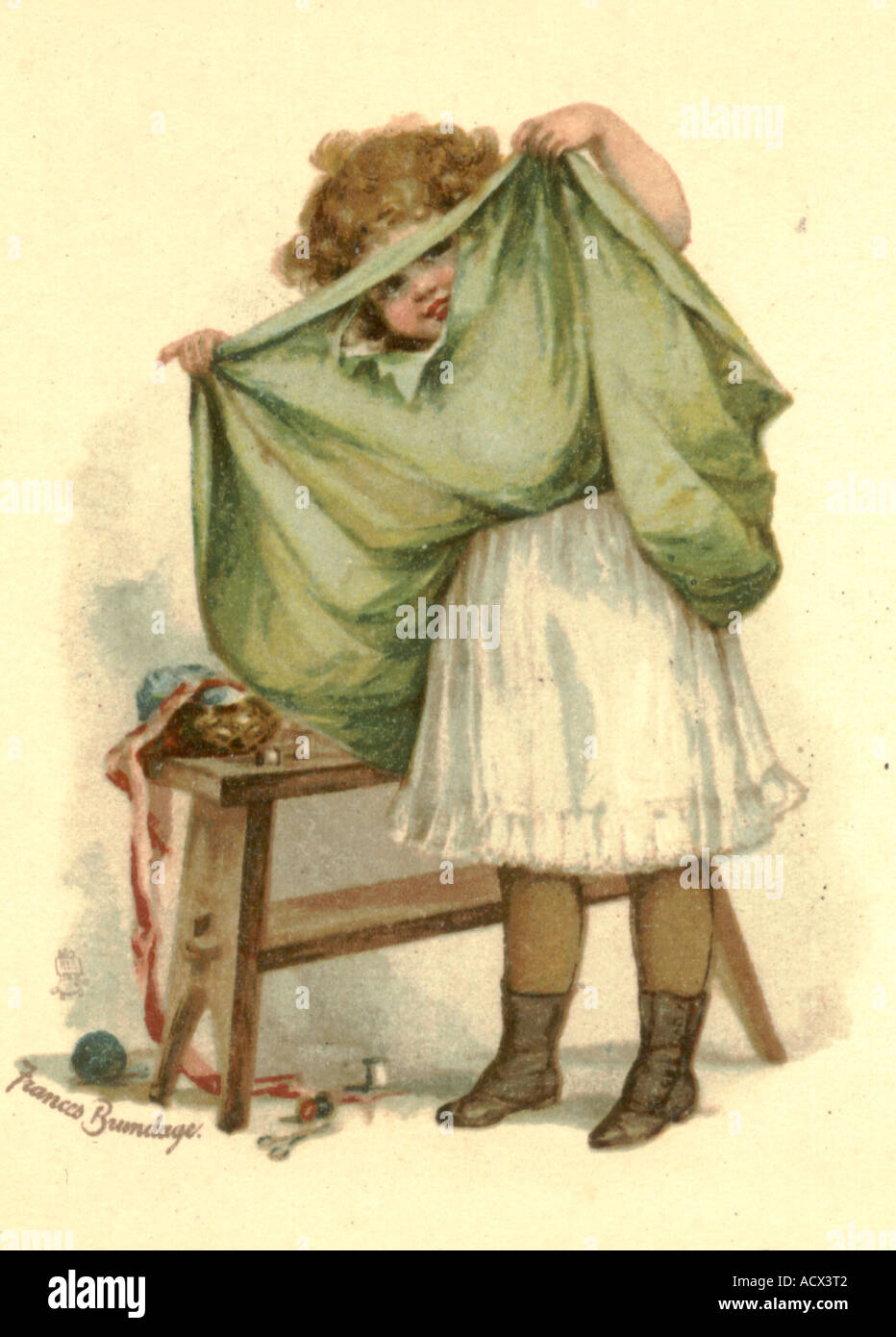 Gruß-Postkarte des Kindes spielen Peek-a-boo circa 1905 Stockfoto