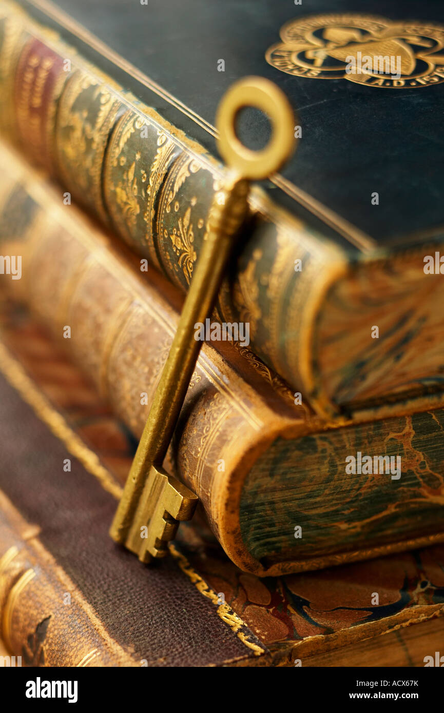 Messing antik Schlüssel ruht auf Haufen von Antik-Leder gebundene Bücher wissen ist der Schlüssel Stockfoto