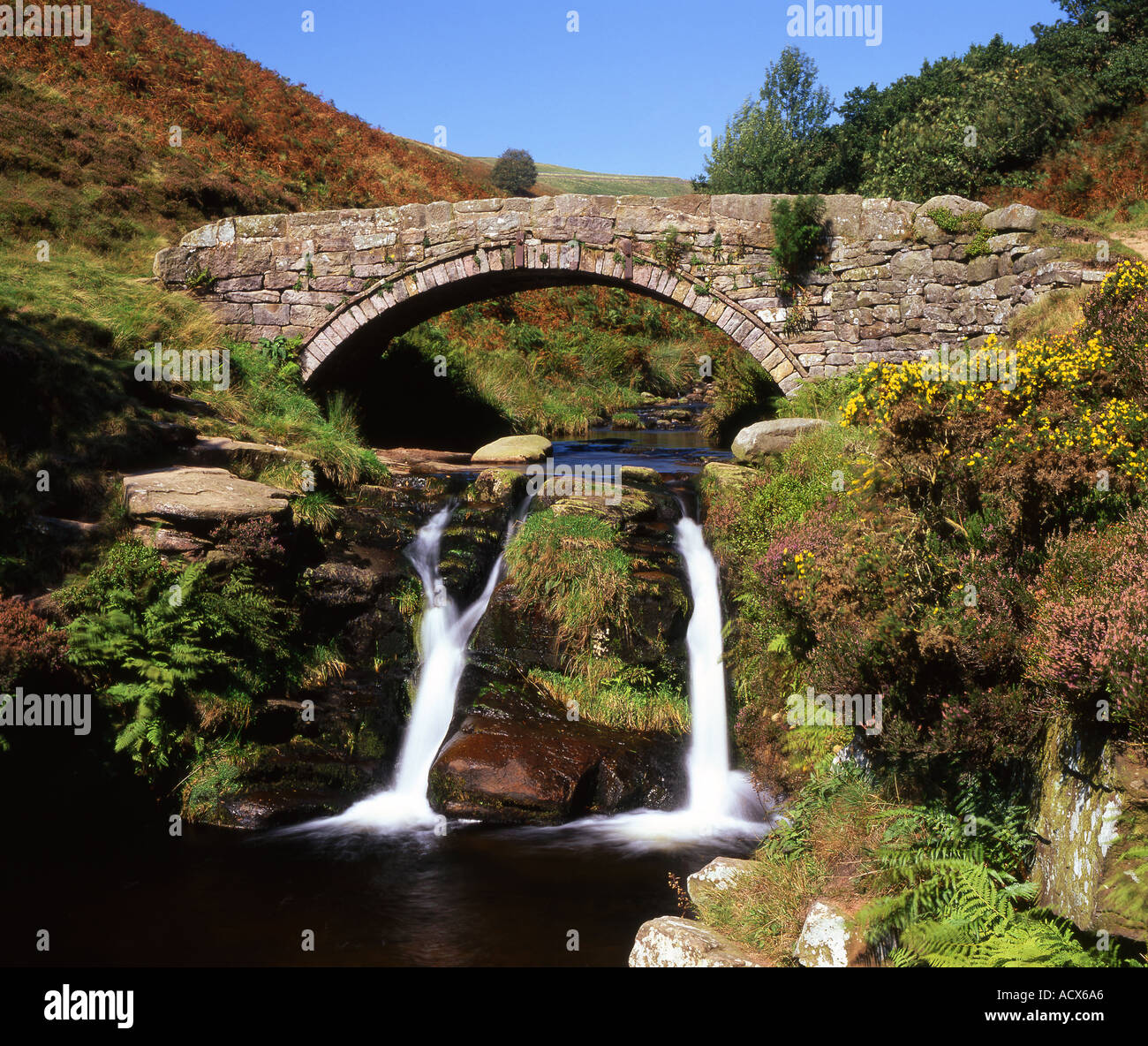 Alten Lastesel Brücke an drei Shires Kopf, Cheshire, Derbyshire & Staffordshire Grenze, Peak District, UK Stockfoto