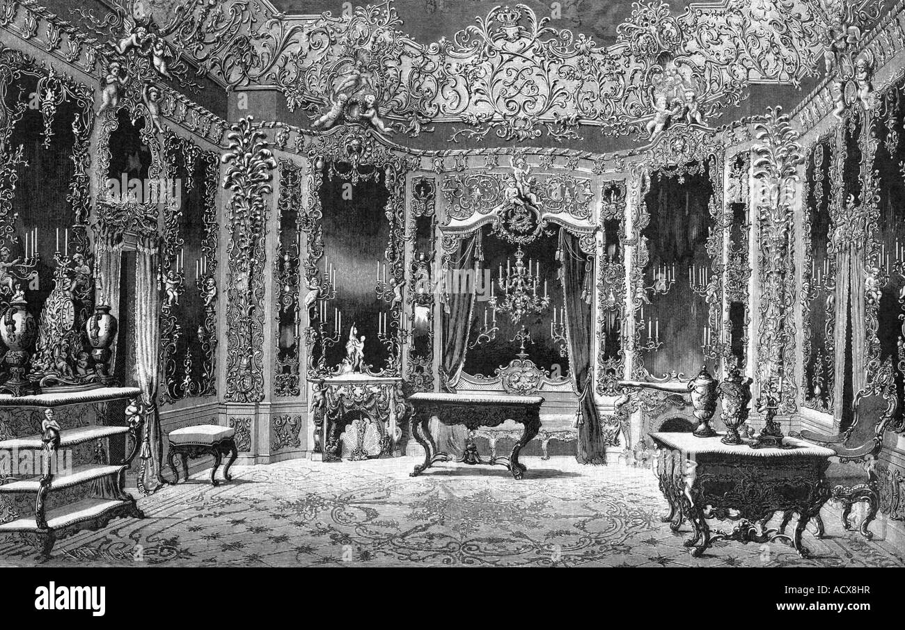 Architektur, Schlösser, Deutschland, Bayern, Schloss Linderhof, Innenansicht, Spiegelsaal, Gravur, ca. um 1880, Stockfoto