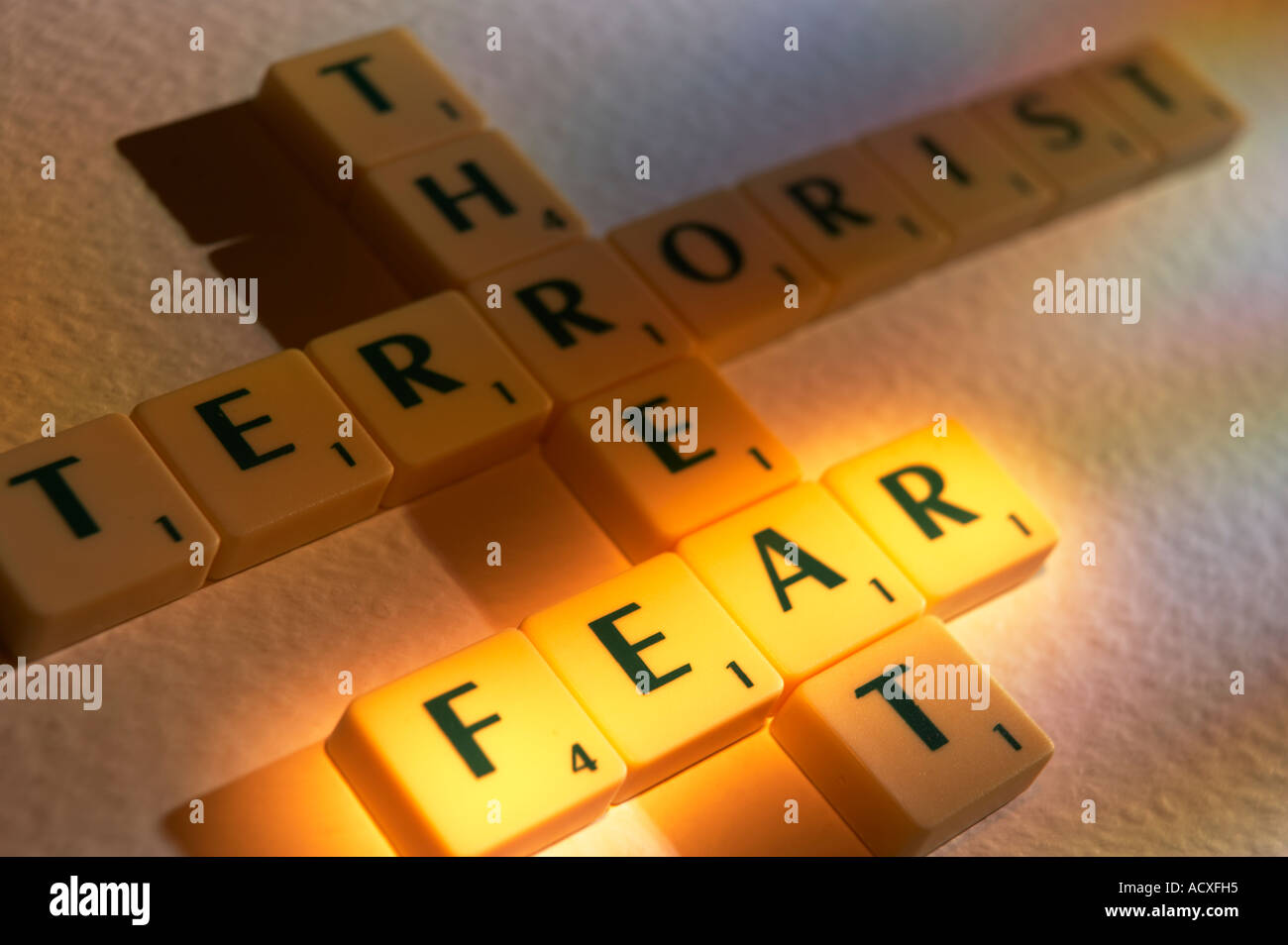SCRABBLE BRETTSPIEL BUCHSTABEN DIE WORTE TERRORISTISCHE BEDROHUNG ANGST Stockfoto