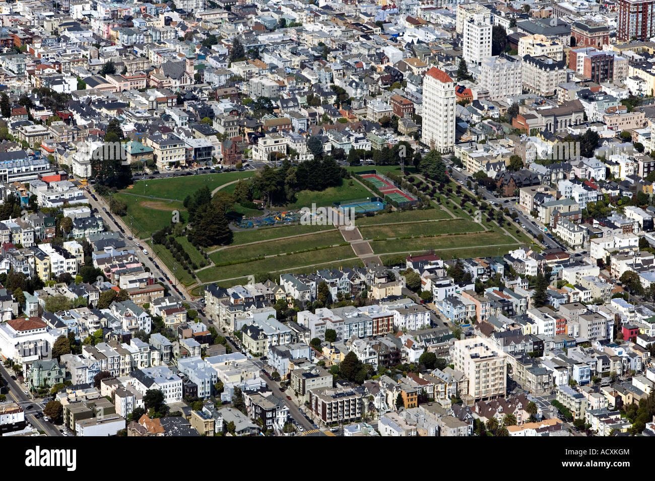 Luftaufnahme über Alta Plaza Park Pacific Heights San Francisco Landschaftsarchitektur Stockfoto