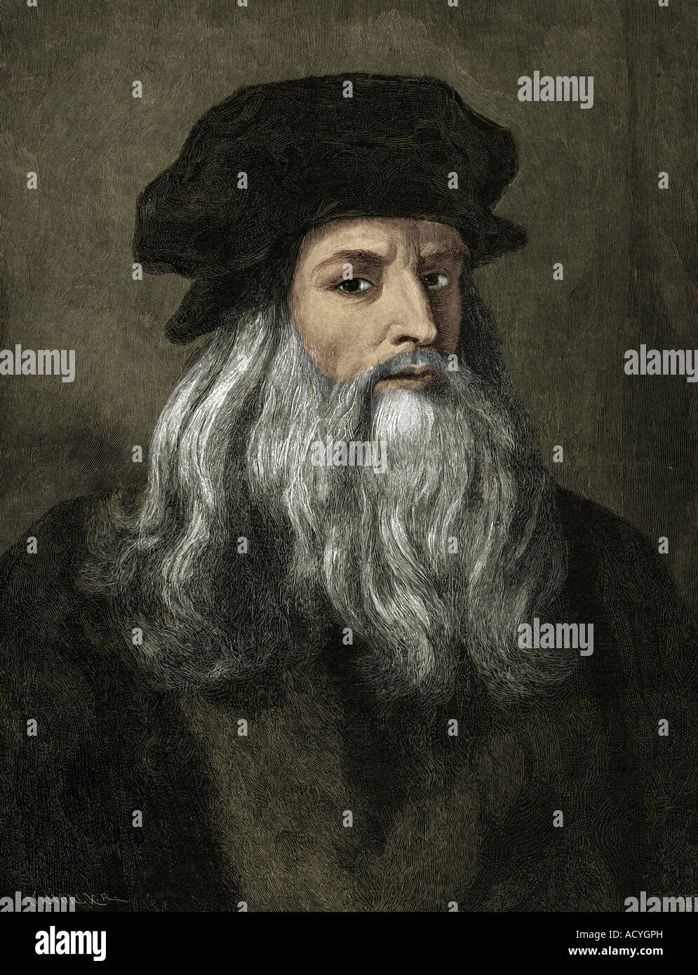 Leonardo da Vinci, 15.4.1452 - 2.5.1519, italienischer Maler und Bildhauer, Gravur nach Selbstporträt, 19. Jahrhundert, später farbig, Italien, Renaissance, Stockfoto