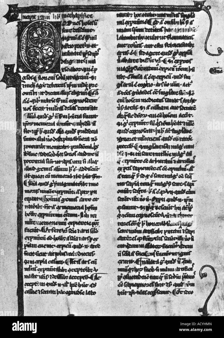 Aristoteles, 384 - 322 v. Chr., griechische Philosoph, Beginn der Metaphysik in der Schrift vom 13. Jahrhundert, Stockfoto
