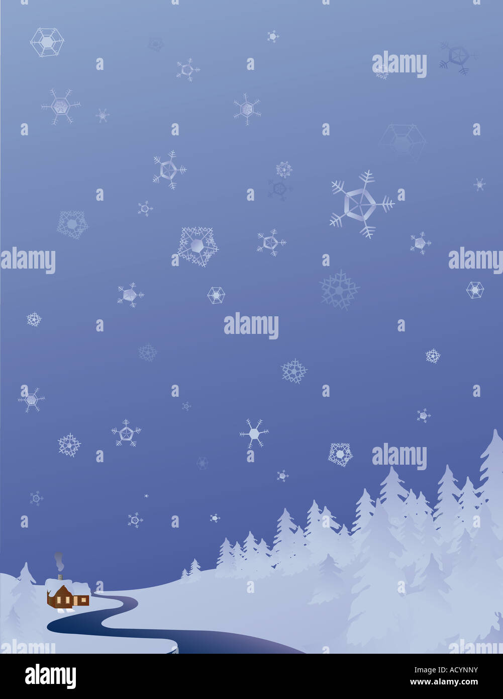 Winter-Landschaft-Hintergrund mit Kabine Fluss und Schneeflocken Stockfoto