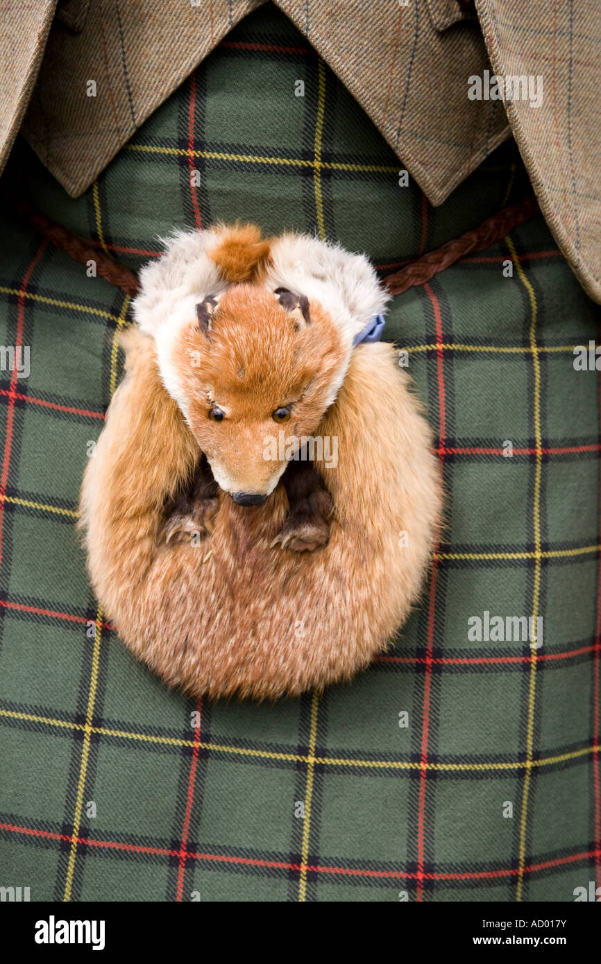 Fuchs Pelz schottischen Sporran getragen mit Kilt, Aboyne schottischen Highland Games, Royal Deeside, Schottland, Vereinigtes Königreich Stockfoto