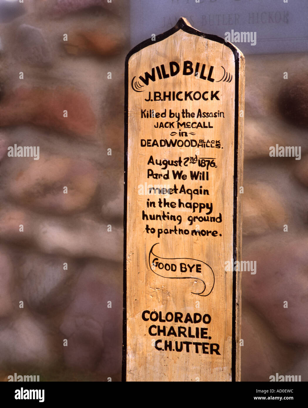 Grab von Wild Bill Hickok in Mount Moriah Cemetery – Deadwood, South Dakota, USA Stockfoto