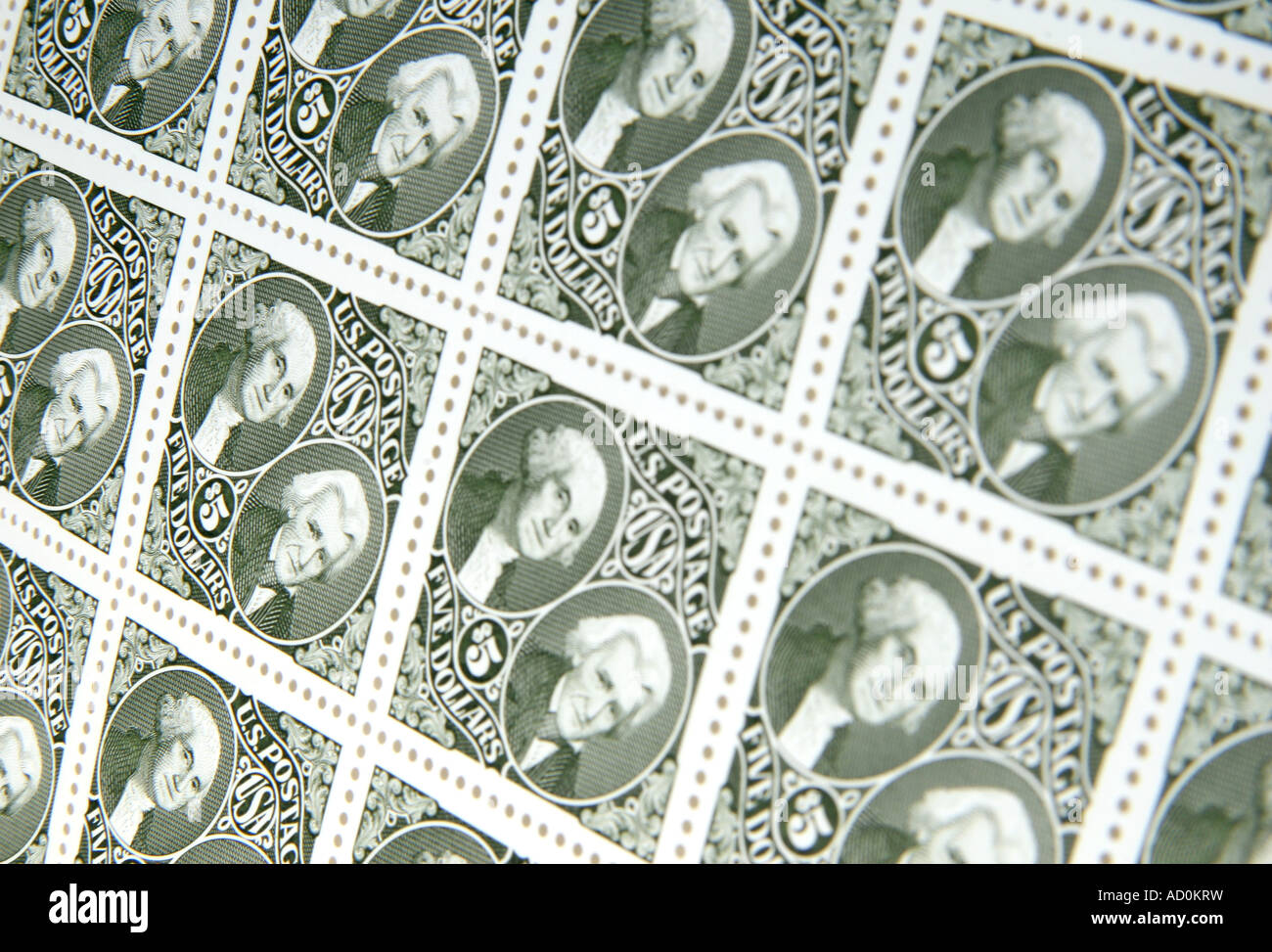 Blatt 5 von George Washington und Andrew Jackson USA Briefmarken Stockfoto