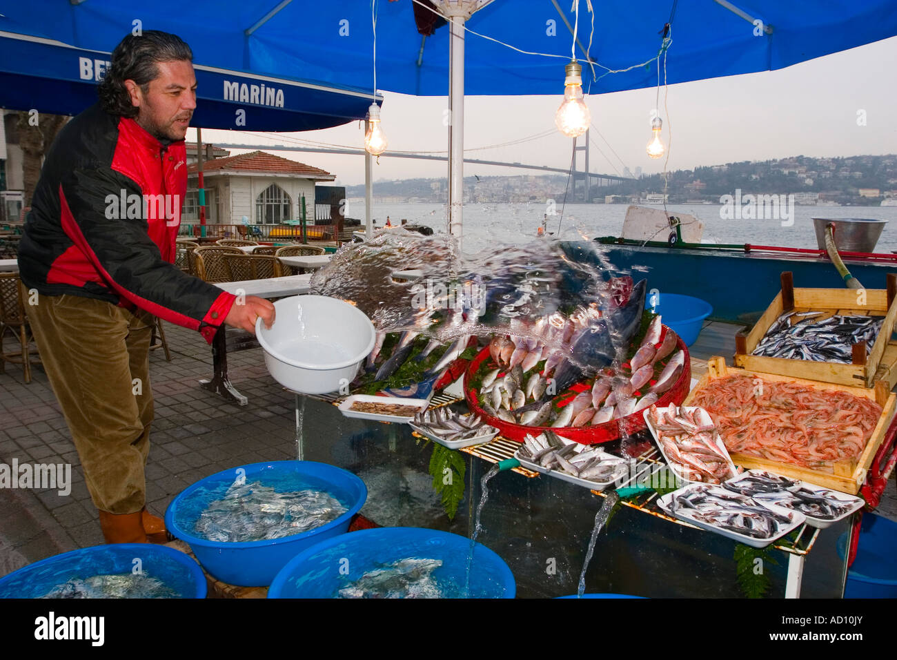 Fischhändler gießt Wasser über die Fische auf dem Display in der Beylerbeyi-Istanbul-Türkei Stockfoto