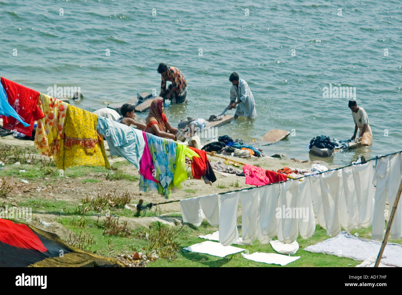Horizontale Porträt des indischen "Dhobi vorbeilaufenden" Waschen Wäsche in der Nähe von Kedar Ghat in das heilige Wasser des Flusses Ganges Stockfoto