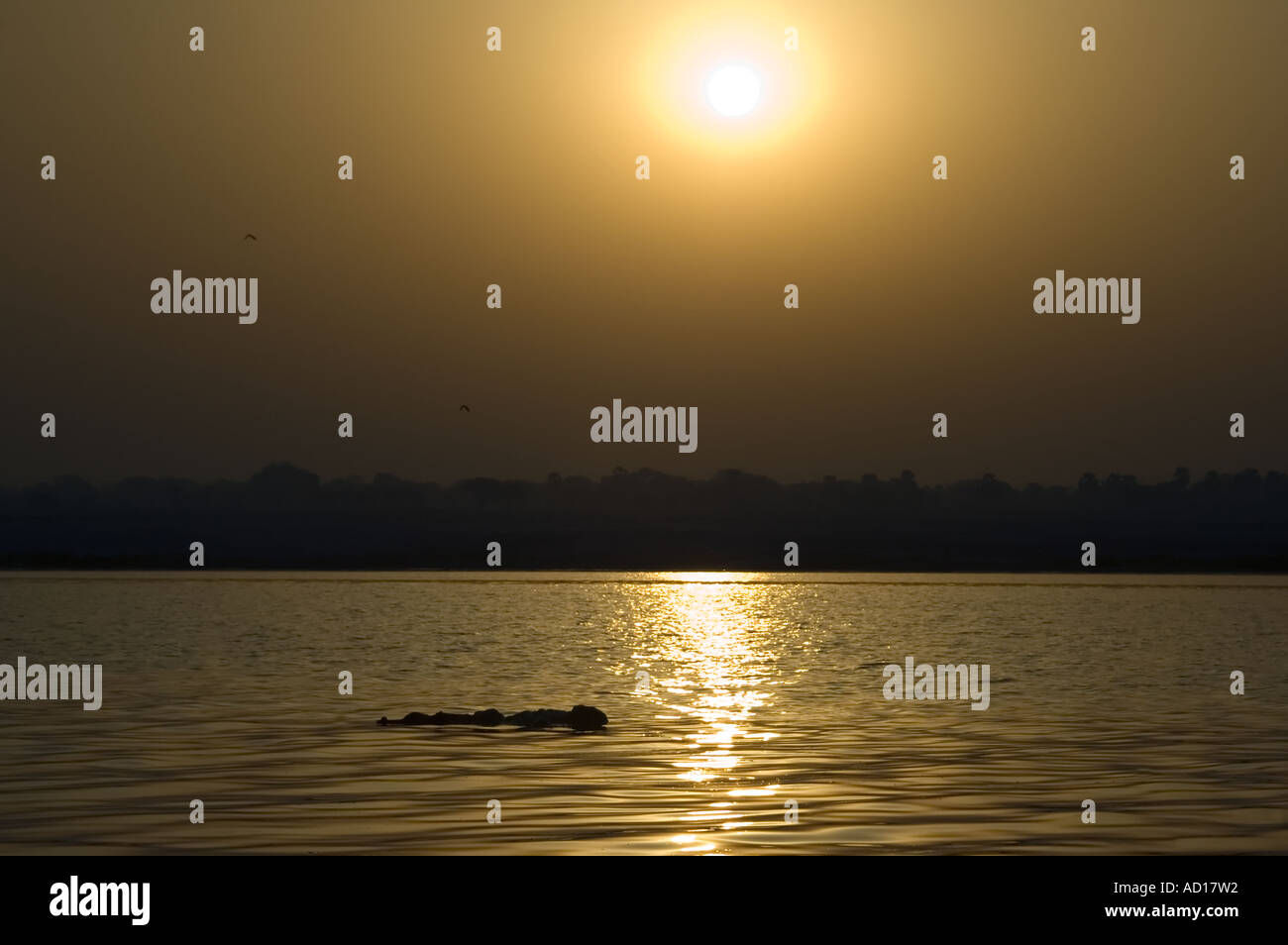 Horizontalen Weitwinkel eine verhüllte Leiche schwebt hinunter den Fluß Ganges bei Sonnenaufgang. Stockfoto