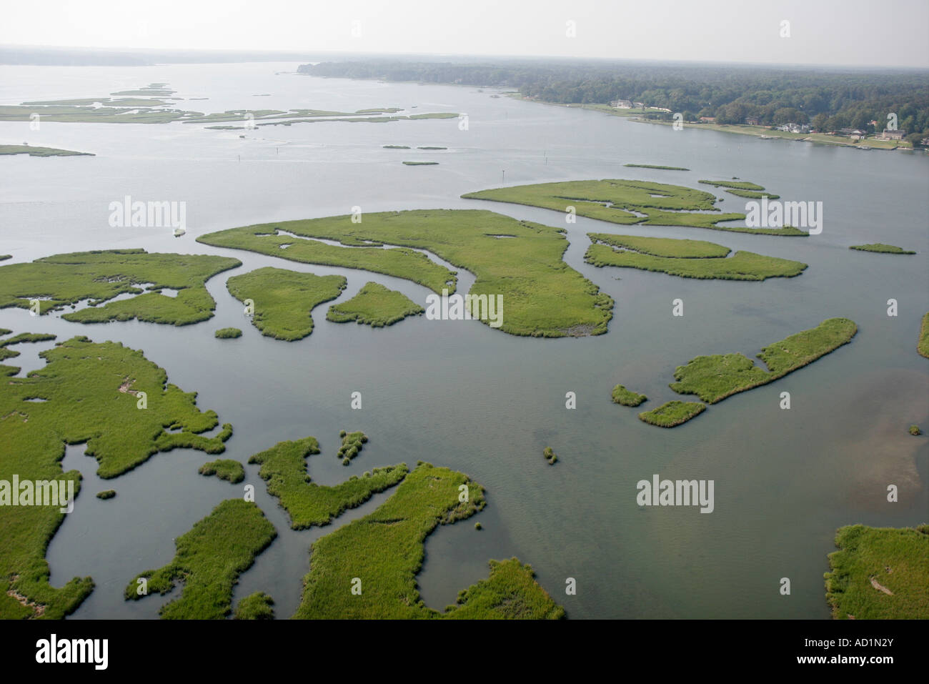 Virginia Beach, Lynnhaven River, Luftaufnahme von oben, Aussicht, Chesapeake Bay Wasserscheide, Feuchtgebiete, VA070612070 Stockfoto