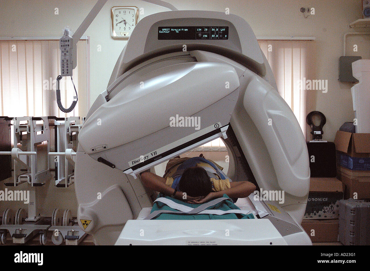 CT-PET-Scan-Maschine Position-Emissions-Tomographie bei Hinduja Krankenhaus Bombay Mumbai Maharashtra, India Stockfoto