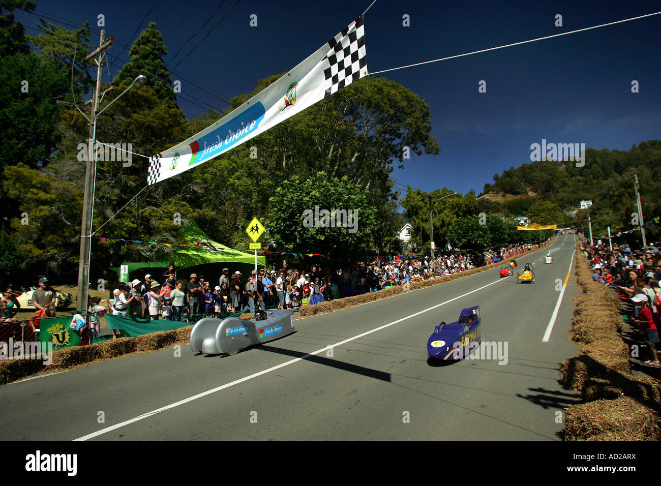 Trolley Autorennen hinunter den Hügel von Collingwood Street, Nelson, Neuseeland Stockfoto