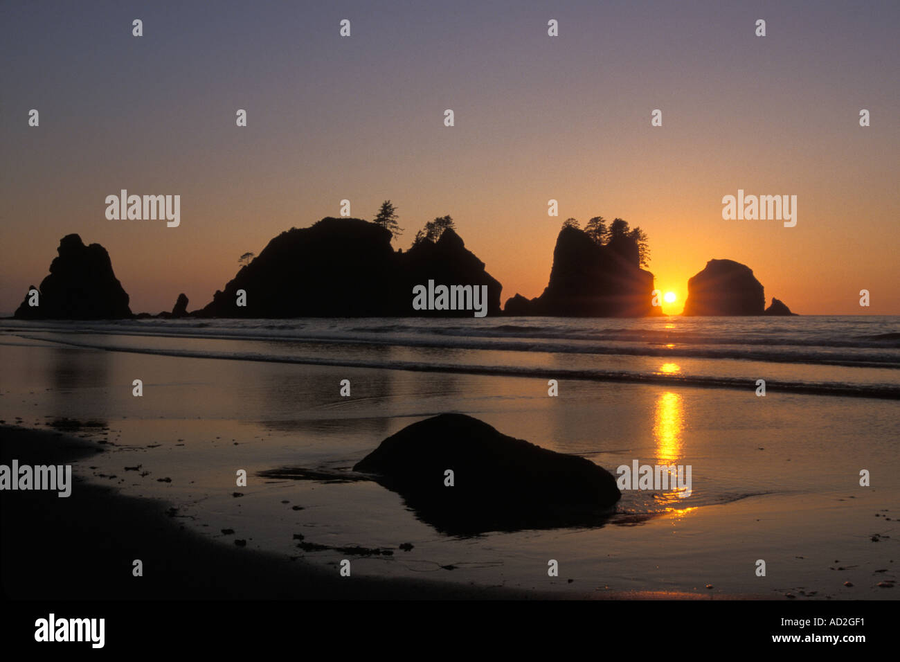 Farbenfrohe Silhouette des Sonnenuntergangs am Point of the Arches Shi Shi Beach Marine Sanctuary an der Pazifikküste Olympic National Park Washington State USA Stockfoto