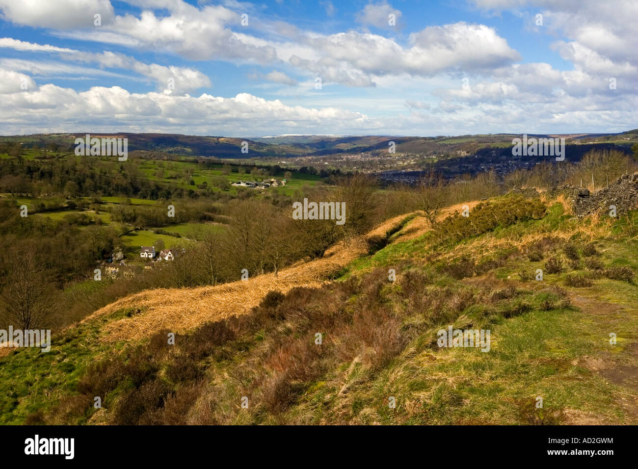 Das Derwent Valley nahe Matlock Bath in Derbyshire Peak District Blick nach Norden von oben Starkholmes Dorf Stockfoto