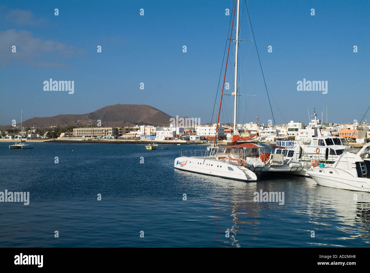 dh CORRALEJO FUERTEVENTURA Yachten Katamaran am Hafen Marina und das Meer Hafenstadt Stockfoto
