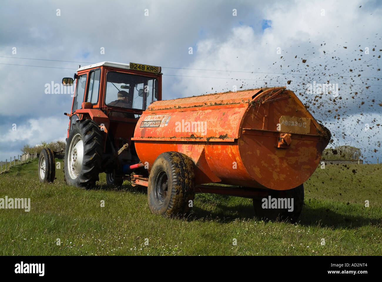 dh Massey Ferguson 240 TRAKTOR FARM UK LANDWIRTSCHAFT Ziehen Mist Streuer Gülle auf Feldern verbreitet Dreck Verbreitung Stockfoto