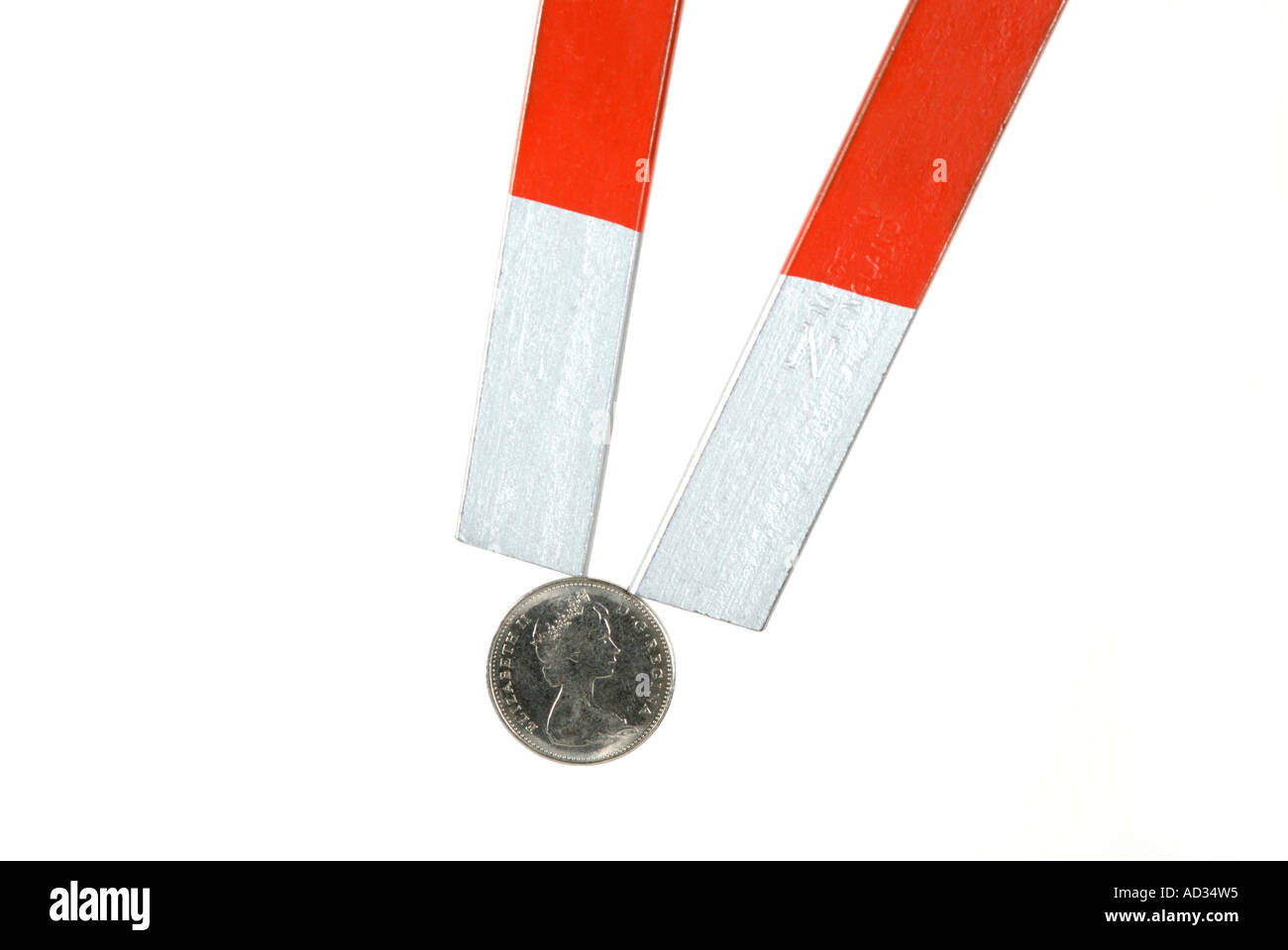 Hufeisenförmige zwei Pole Magnet mit kanadischen Nickel befestigt Stockfoto