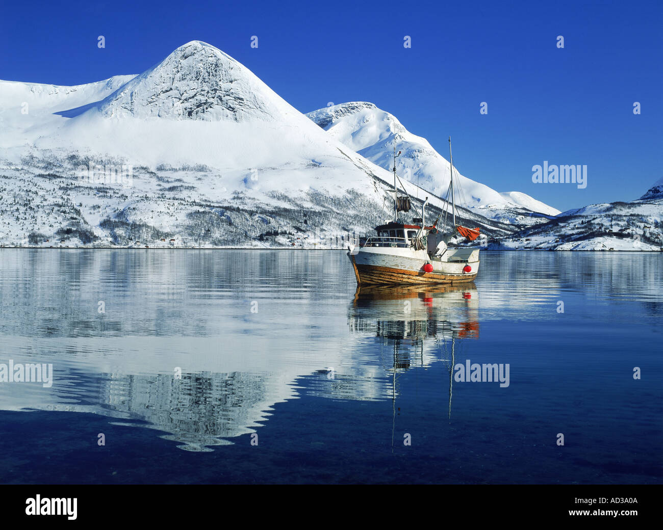 Angelboot/Fischerboot und Bergen reflektiert Morsvikbotn Fjord in Nord-Norwegen Stockfoto