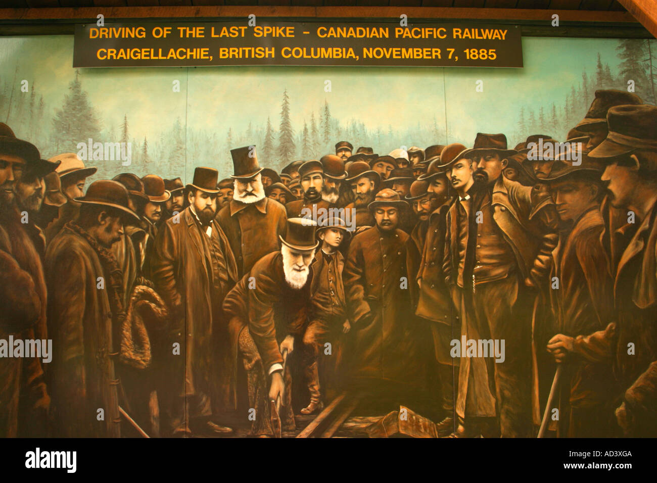 Wandbild von der letzten Spitze in Craigellachie, historischer Moment in der kanadischen Geschichte mit Eisenbahn fertiggestellt, so verbindende Kanada Stockfoto