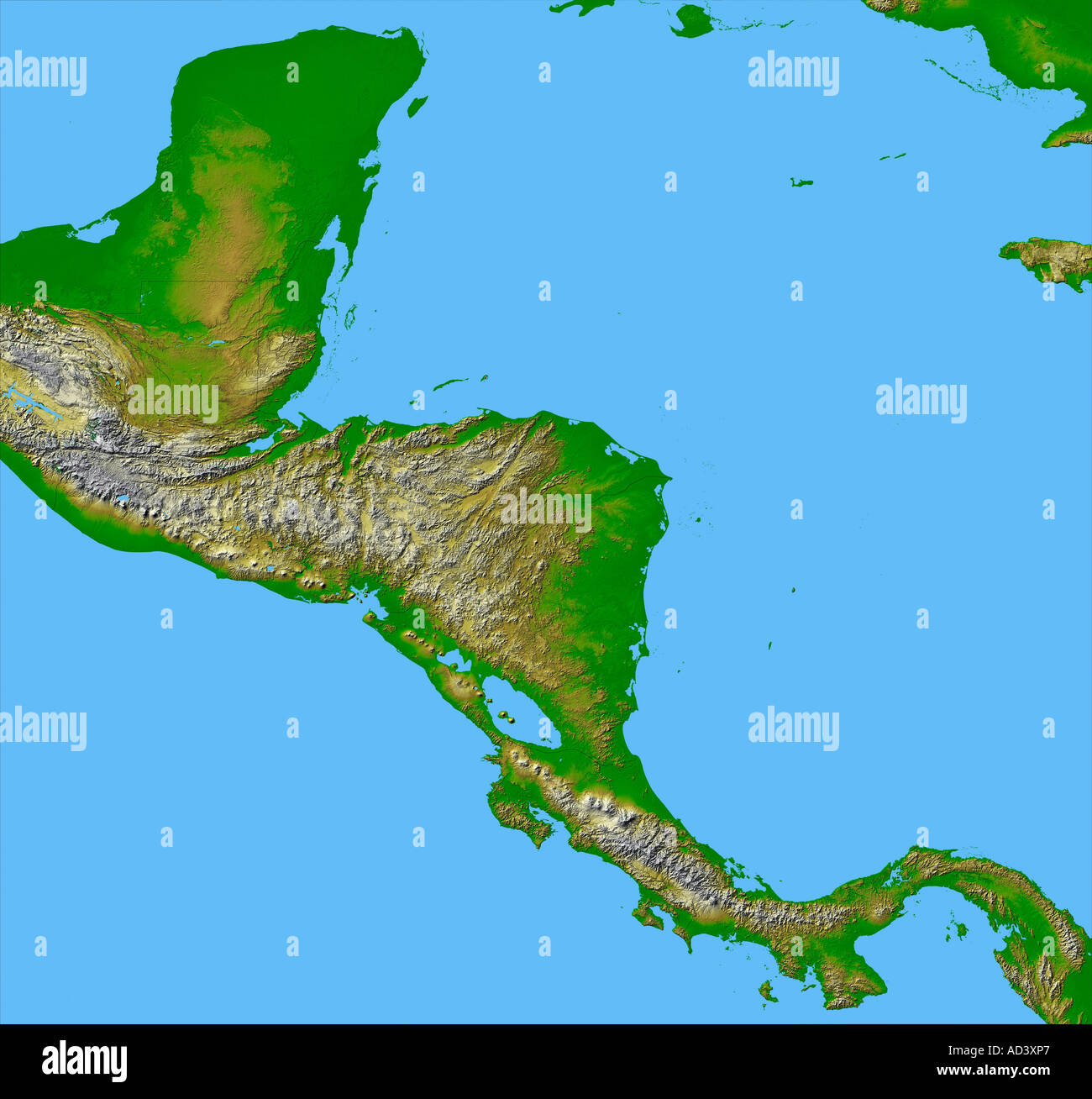 Topographie von Panama, Costa Rica, Nicaragua, El Salvador, Honduras, Guatemala, Belize, südlichen Mexiko, Kuba und Jamaika Stockfoto