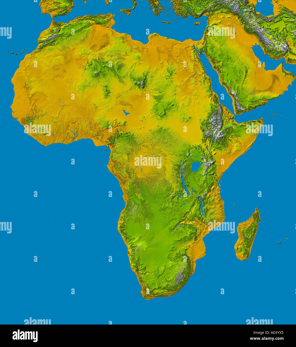 Farbbild schattierten Relief zeigt die Höhendaten für Afrika. Stockfoto