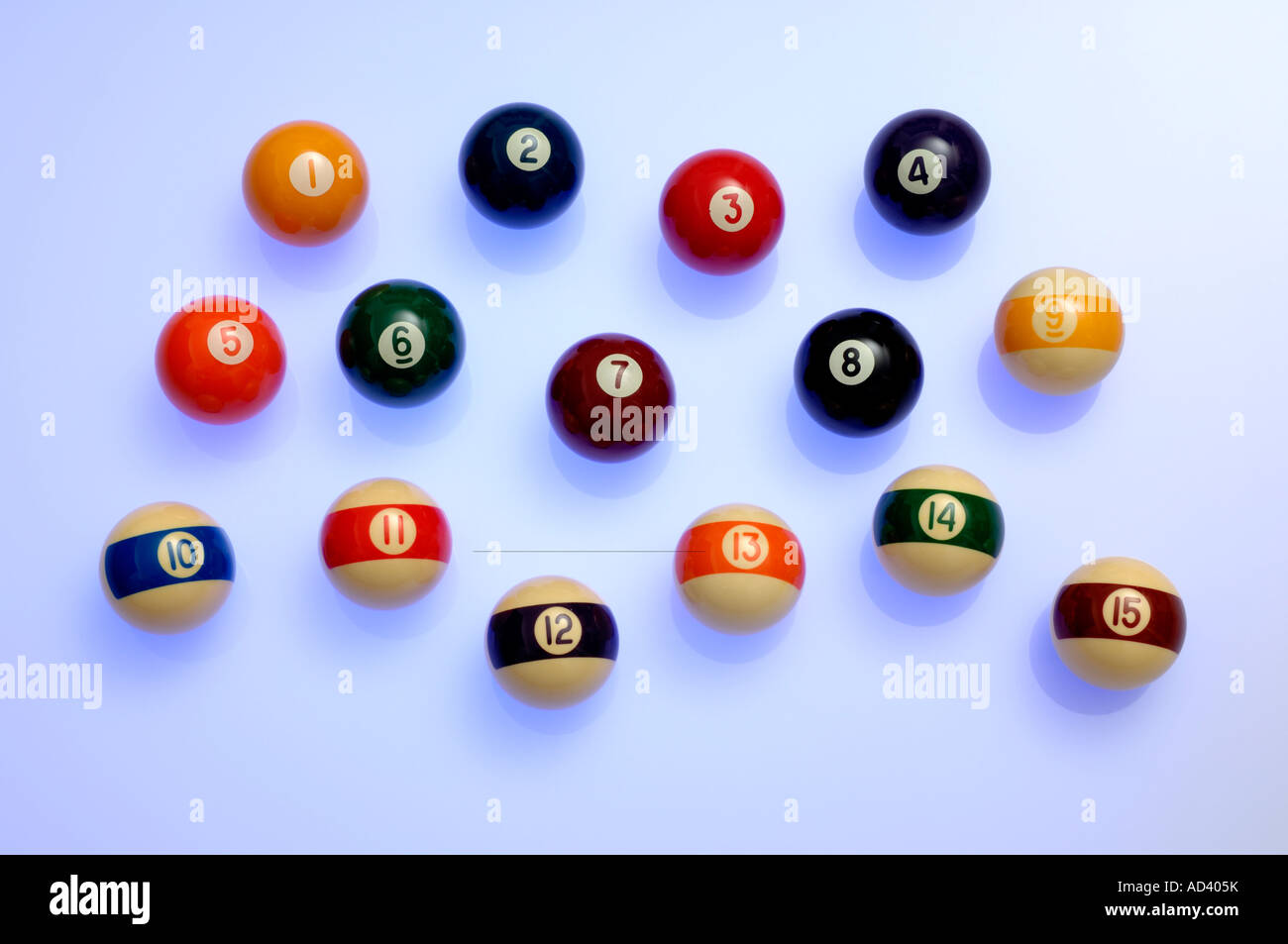 Billardkugeln, nummeriert von 1 bis 15 Stockfoto