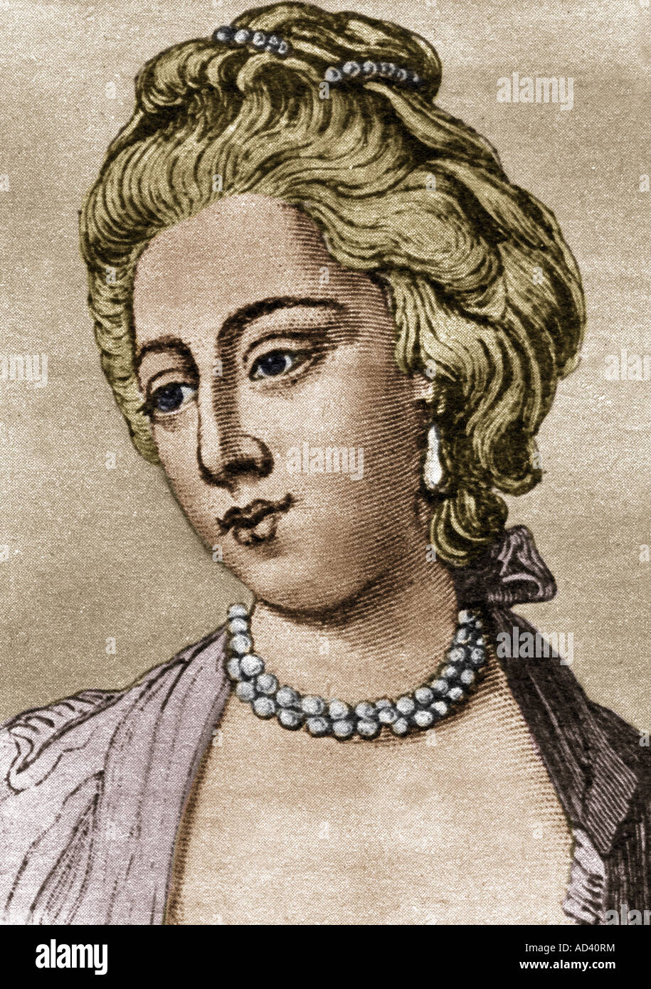 Caroline Matilda, 22.7.1751 - 10.5.1775, Königin Consort von Dänemark und Norwegen 8.11.1766 - 14.3.173, Porträt, Holzgravur, 19. Jahrhundert, später farbig, Stockfoto