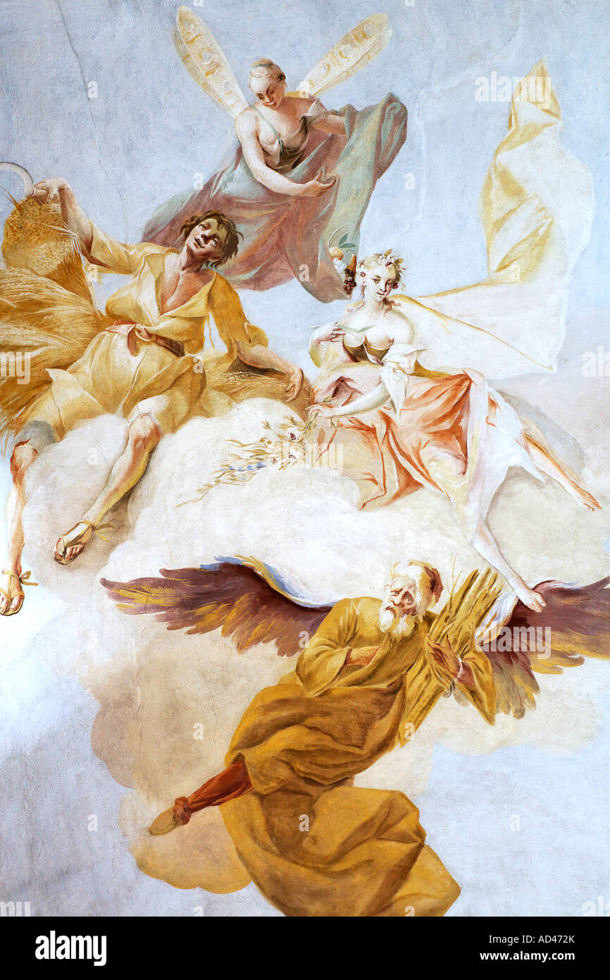 Allegorie der Jahreszeiten, Decke Fresko im Benediktinerkloster Altenburg in der Nähe von Horn, Niederösterreich Stockfoto