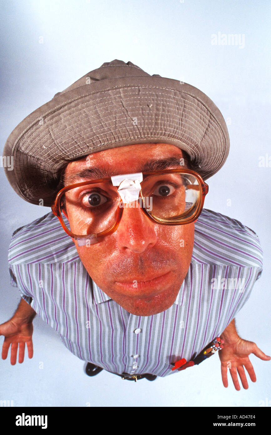 Abstrakte Birdseye Blick auf ein Nerd-Mann mit extremen Ausdruck Stockfoto