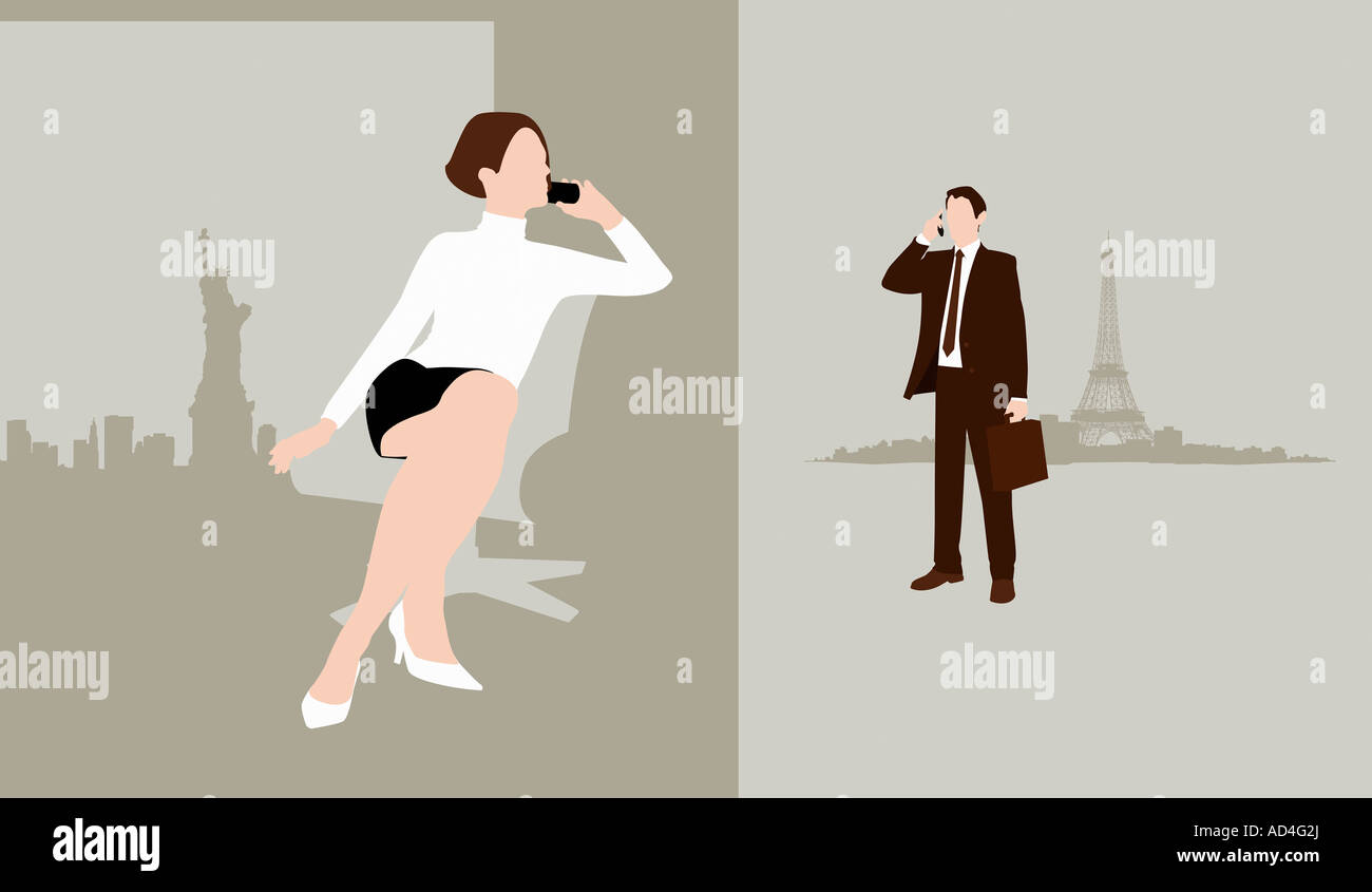 Ein Mann und eine Frau in getrennten Städten mobil telefonieren Stockfoto