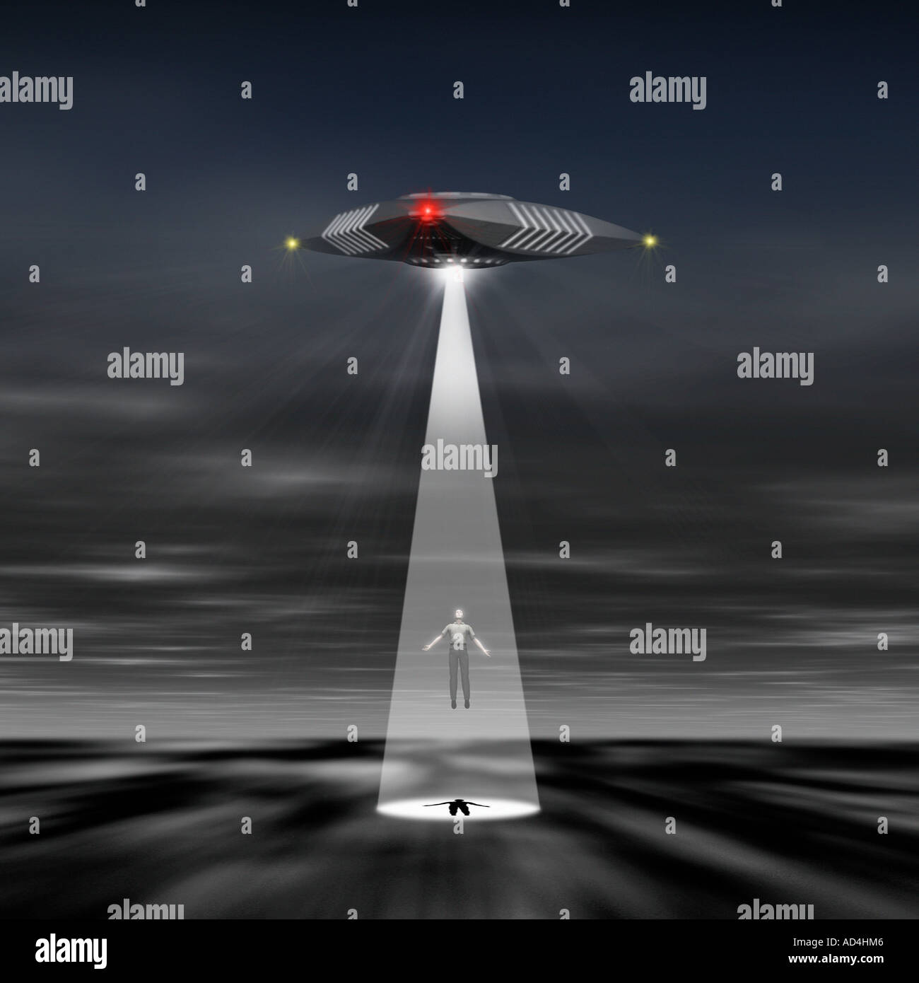 Computer generierte Abbildung des Menschen die von UFO (quadratische Version) entführt Stockfoto