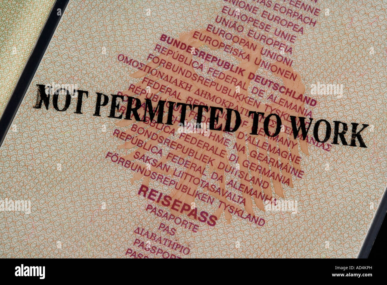 Ein deutscher Pass gestempelt "Nicht zulässige zu arbeiten" Stockfoto