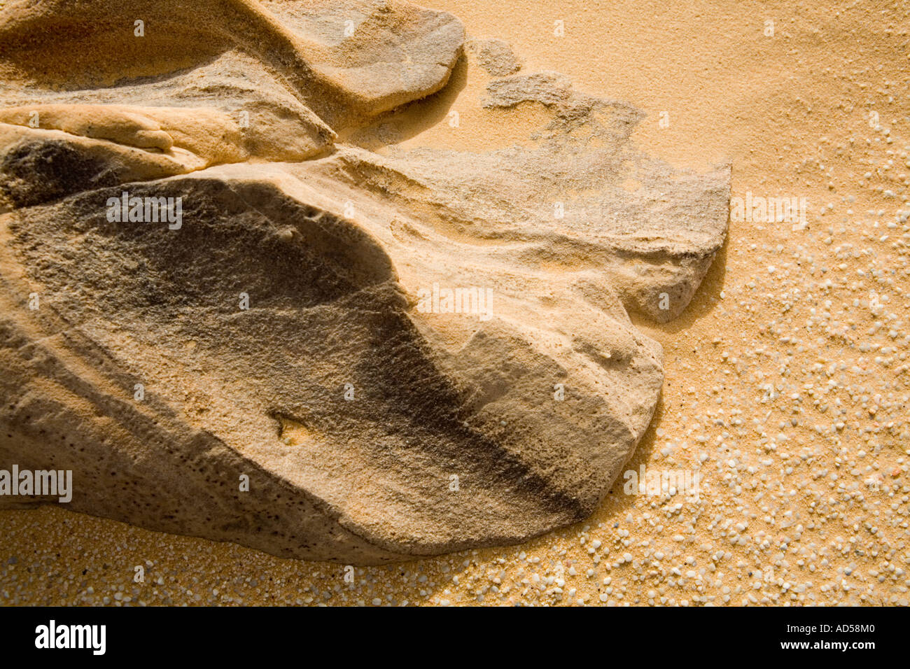 Nahaufnahme von Fels und Sand Textur Sahara Wüste auf dem Weg nach Gilf Kebir, Ägypten. Stockfoto