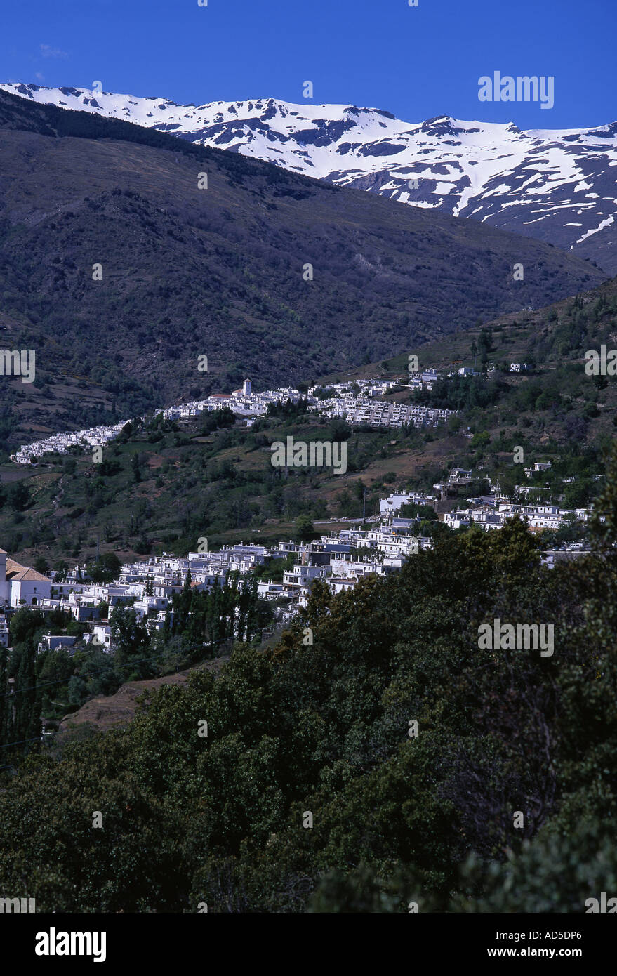 Bubion und Capileira Dörfer in den hohen Alpujarras schneebedeckten Gipfeln der Sierra Nevada im Hintergrund Granada Provinz Andalusien Spanien Stockfoto