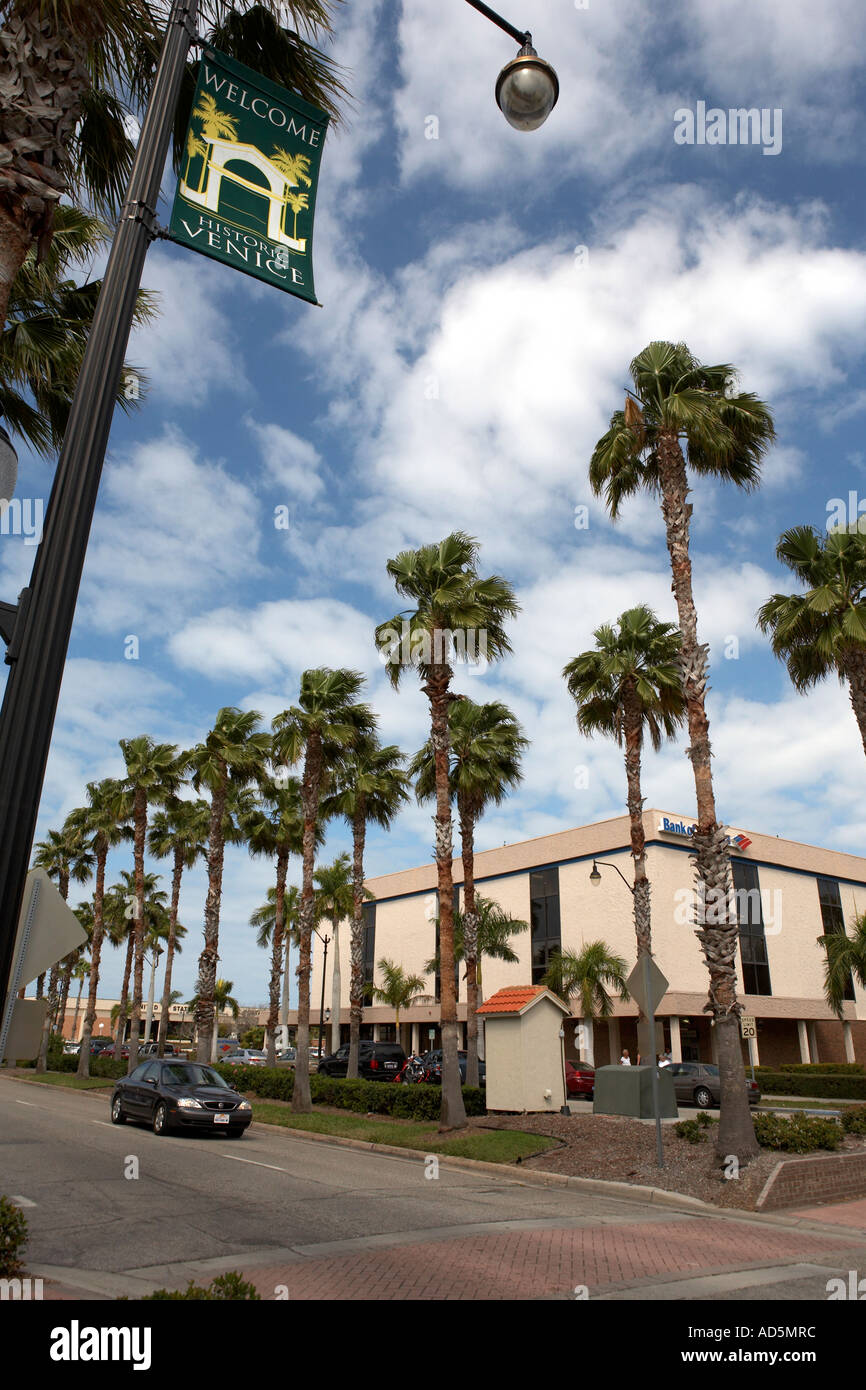 Blick auf Venedig-Straße ist die Haupteinkaufsstraße, gesäumt von Palmen, Venedig Florida Vereinigte Staaten usa Stockfoto