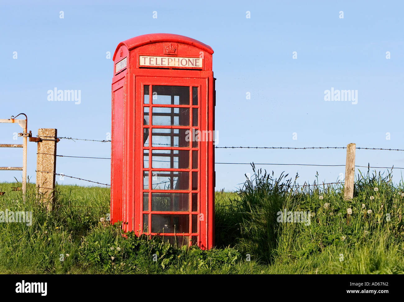 Alten Stil Telefonzelle am Rande eines Feldes in der Nähe von Marwick Bucht, Orkney, Schottland Stockfoto