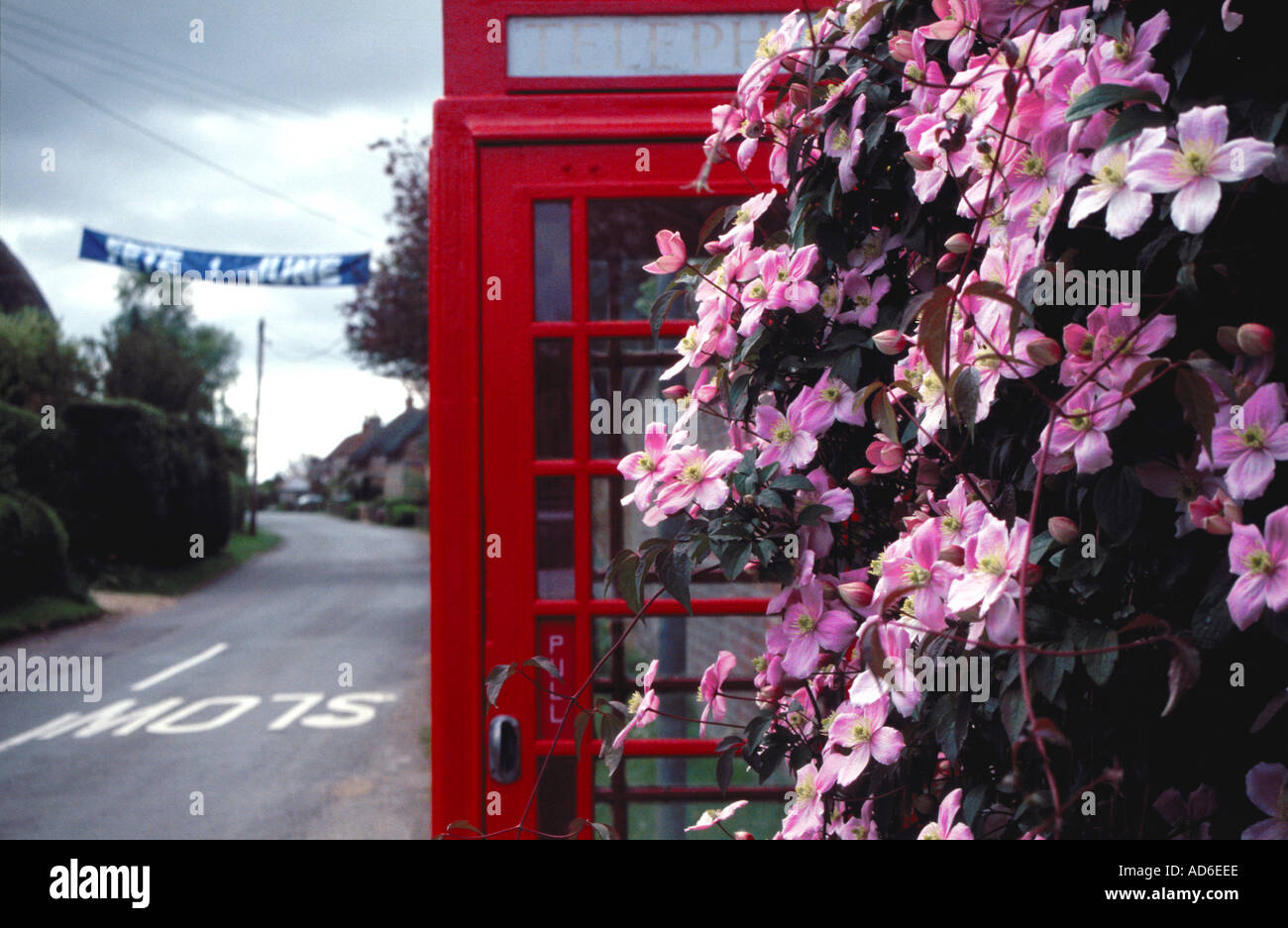 Blumen und Telefonzelle im Dorf Hampshire UK Stockfoto