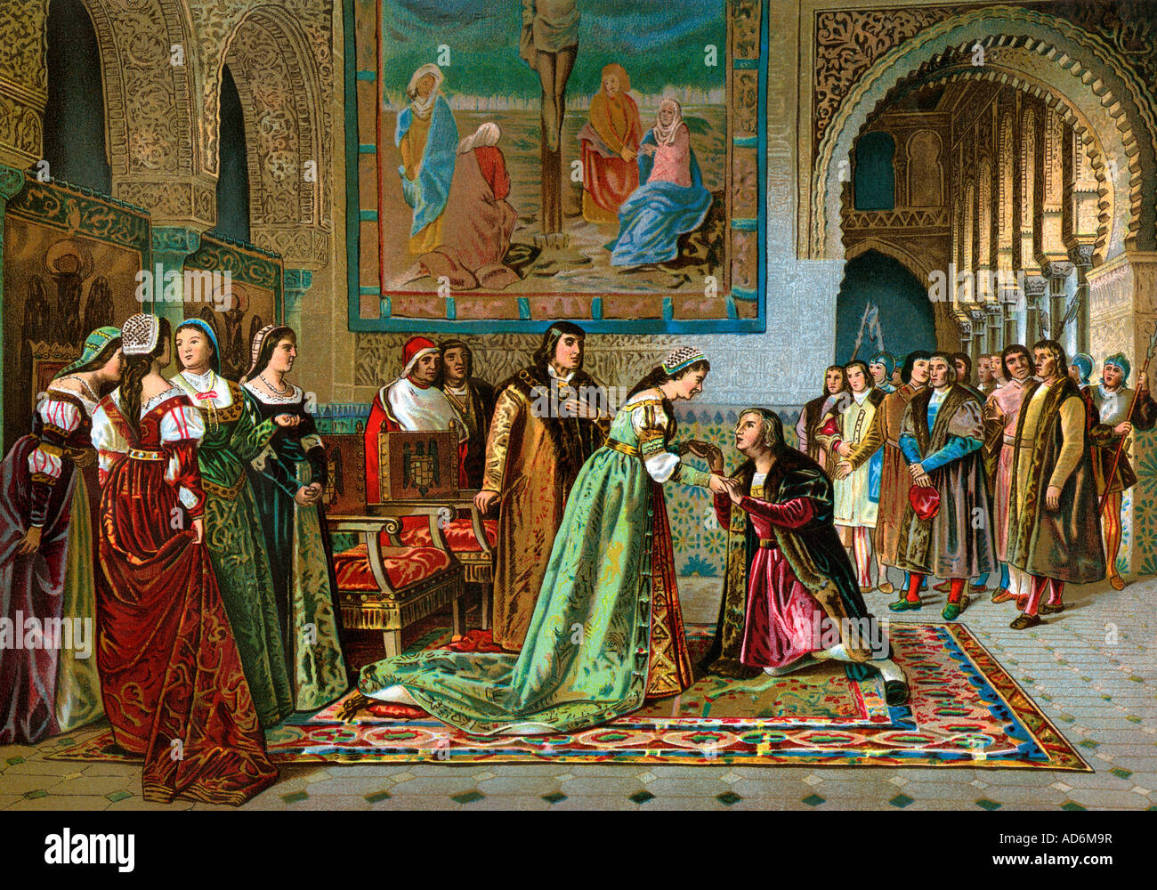 Columbus geholt in Ketten an König Ferdinand und Königin Isabella von Bobadilla 1500. Farblithographie Stockfoto