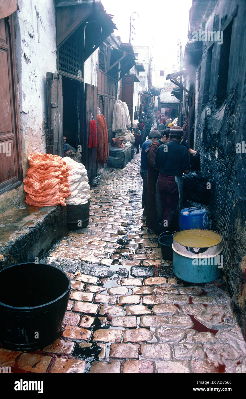 MAROKKO FES MEDINA ALTSTADT FARBIGE FÄRBER SOUK QUARTAL SCHMALE STRAßE DURCH DEN TOD Stockfoto