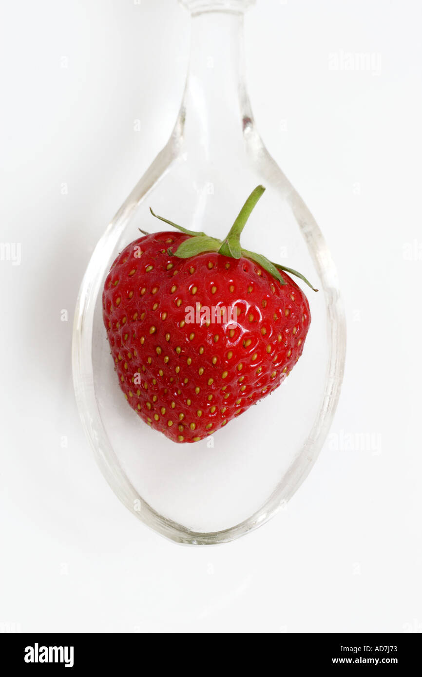 Einzelne rote Reife Erdbeere in Glas Löffel Stockfoto