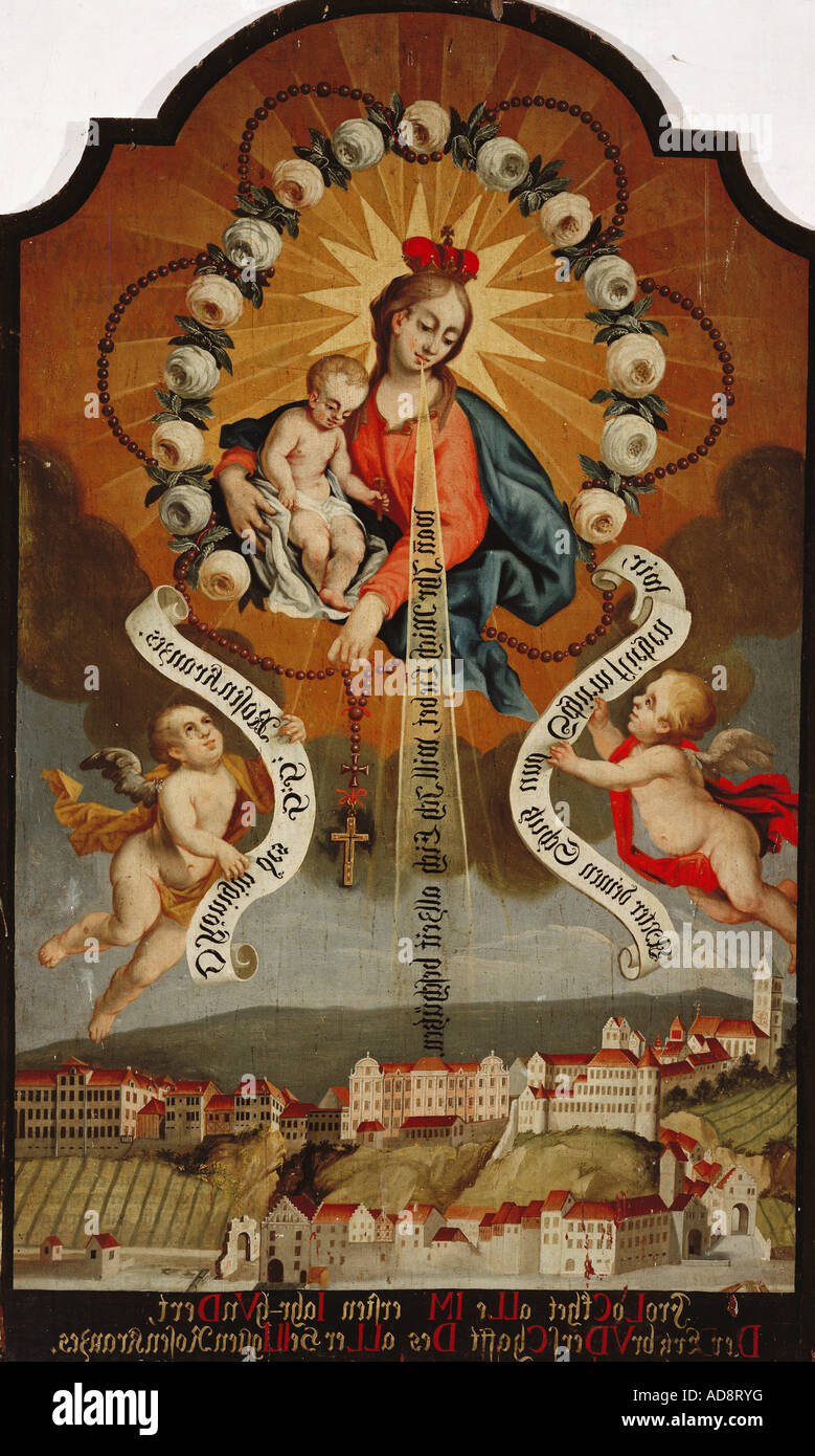 Bildende Kunst, religiöse Kunst, St. Maria, Jungfrau mit dem Rosenkranz und Jesuskind, 15. Jahrhundert, Malerei, altes Schloss, Meersburg, Artist's Urheberrecht nicht gelöscht werden Stockfoto