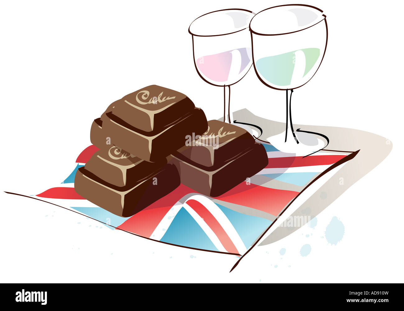 Zwei Gläser Wein mit Schokolade auf eine britische Flagge Stockfoto