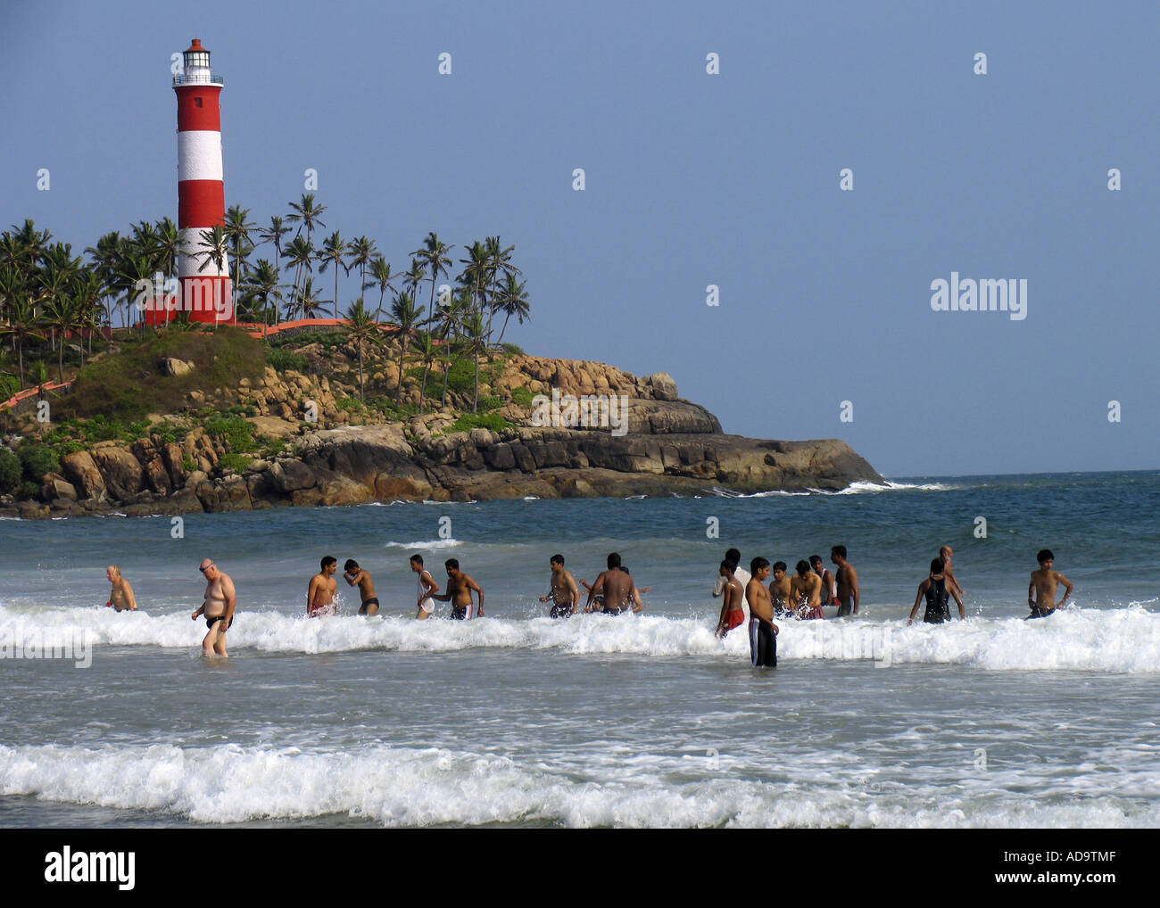 Leuchtturm, Strand von Kovalam, Kerala, Südindien. Stockfoto