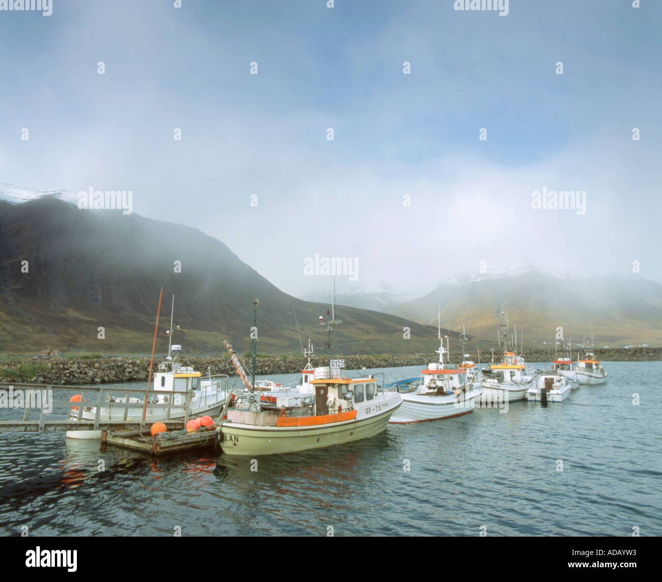 Kleine Fischerboote vertäut am Steg, Olafsfjordur, North Island. Stockfoto