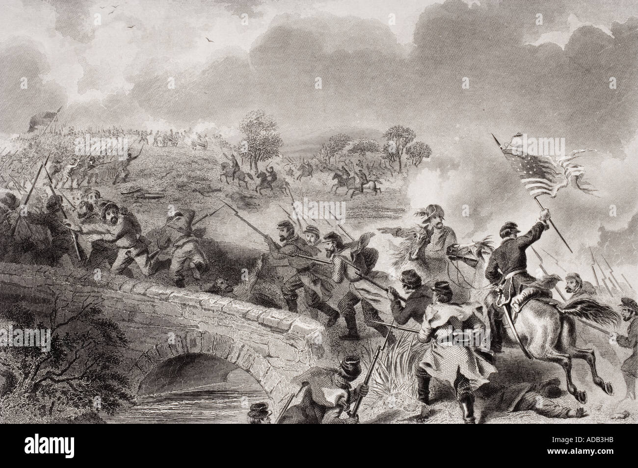 Schlacht von Antietam in der Nähe von Sharpsburg, Maryland, im Jahr 1862. Nehmen der Brücke am Antietam Creek. Künstler F O C Darley Stockfoto